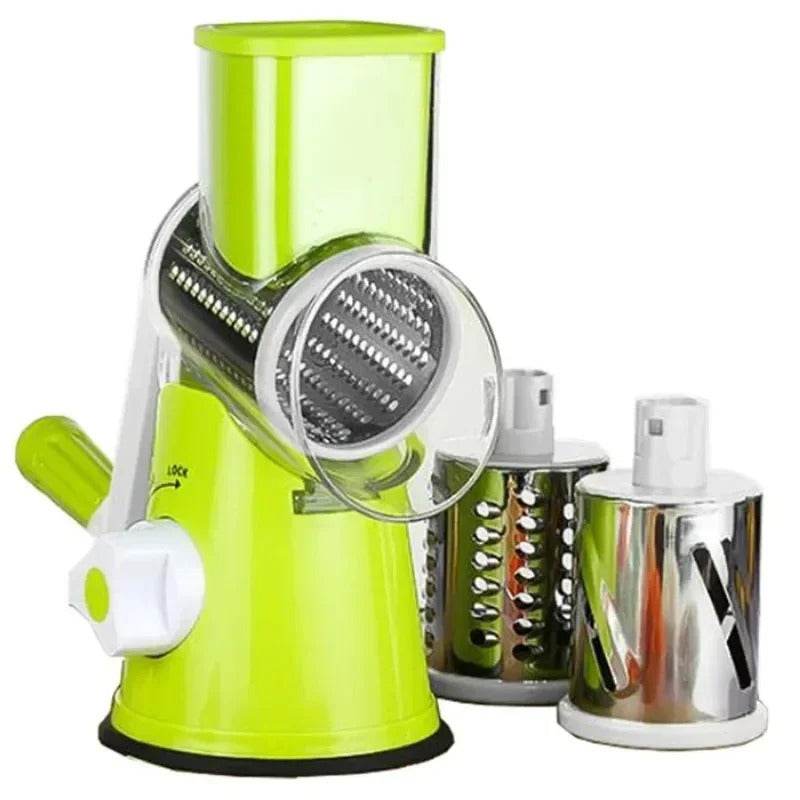 Hand-operated vegetable chopper with 3 interchangeable steel drums
