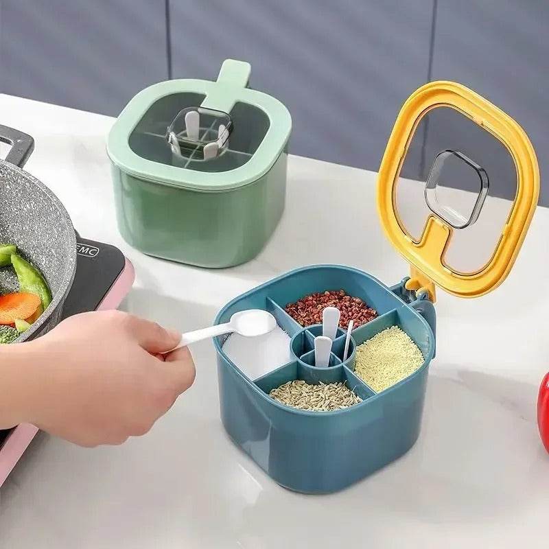Dustproof spice container with transparent lid and individual spoons