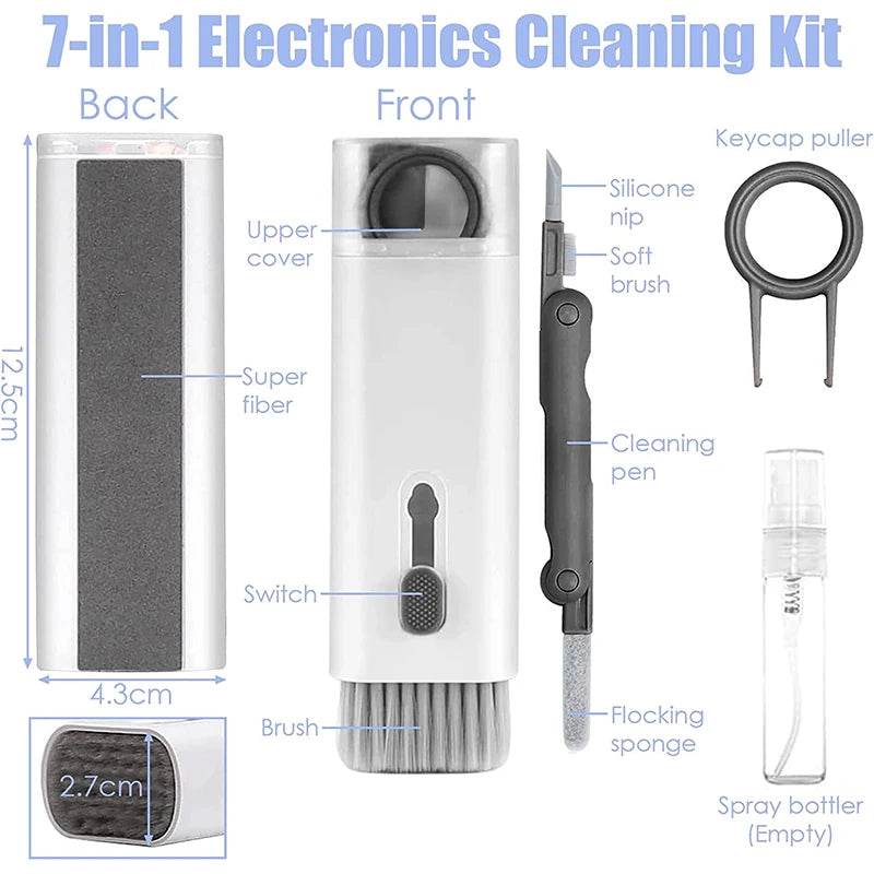 Multi-purpose cleaning kit with brush, spray, and microfiber